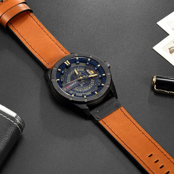 Durable men's wrist watch featuring a striking blue leather strap, classic design, and quartz movement.