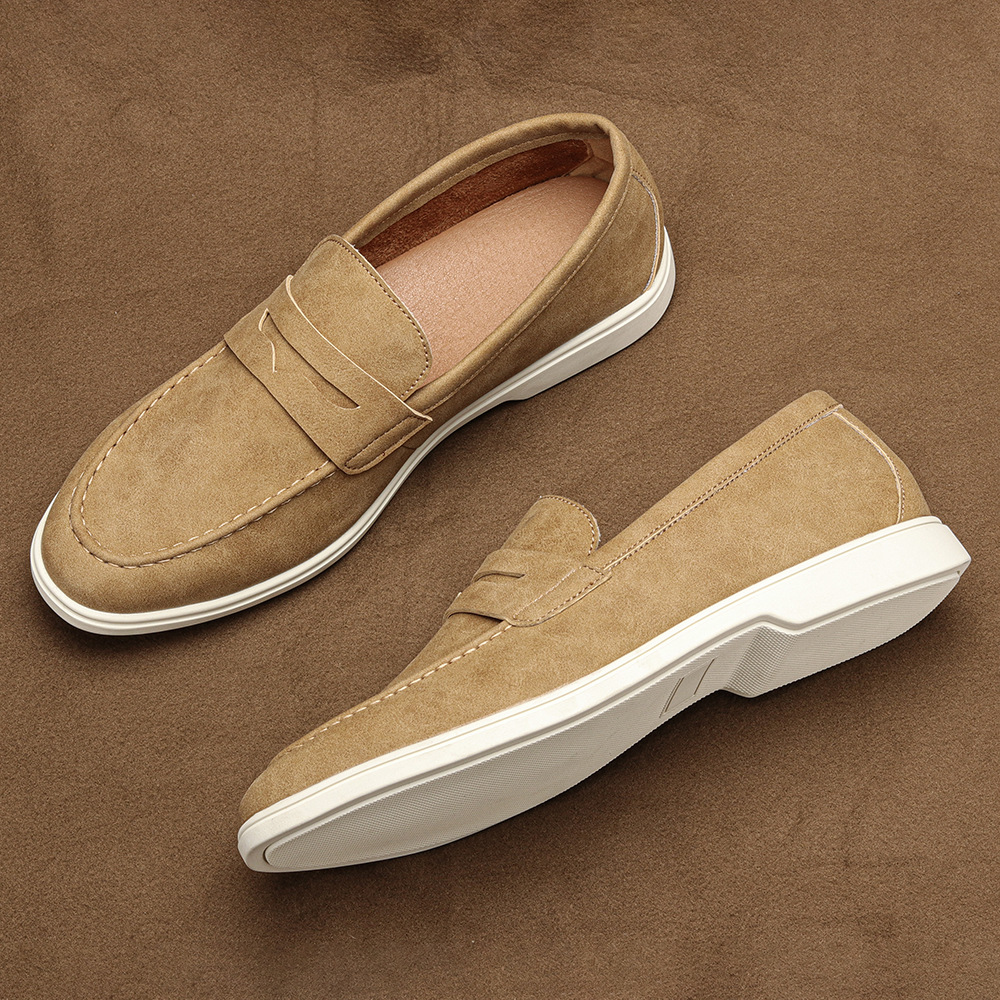 Men's classic sand penny loafers, sleek slip-on design for effortless comfort & versatile, smart casual appeal.