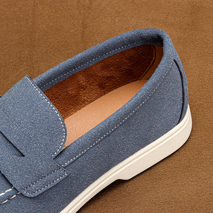 Comfortable sand men's penny loafers, classic slip-on shoes for casual outings & versatile smart-casual style.
