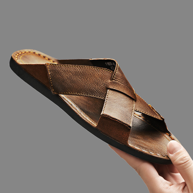 Durable open-toe men's slip-on sandals in brown, offering ultimate comfort for summer walks.