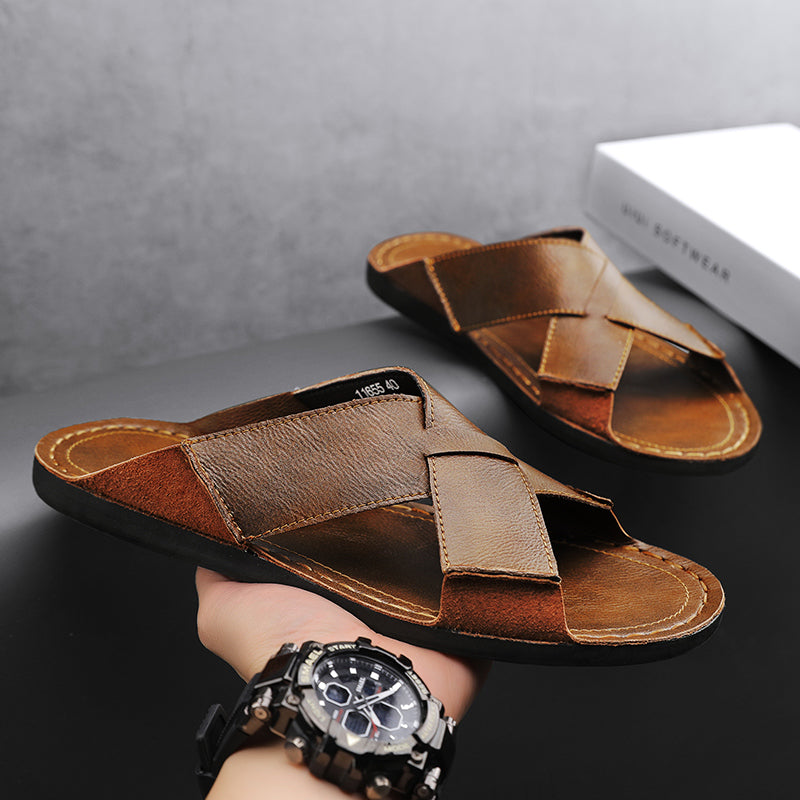 Black men's classic slip-on comfort sandals, perfect for casual everyday wear & summer fashion.