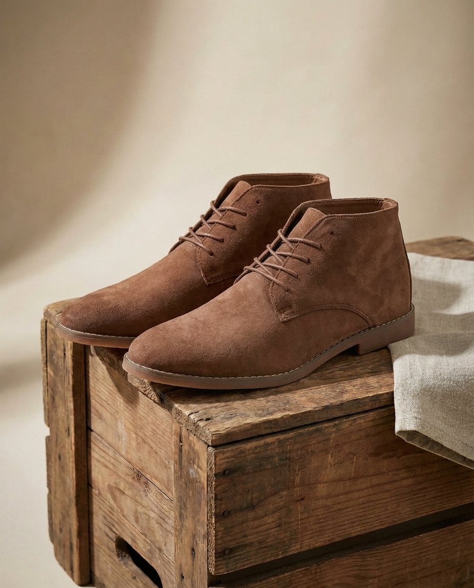 Stylish men's black suede ankle boots, classic lace-up design, durable fashion footwear.