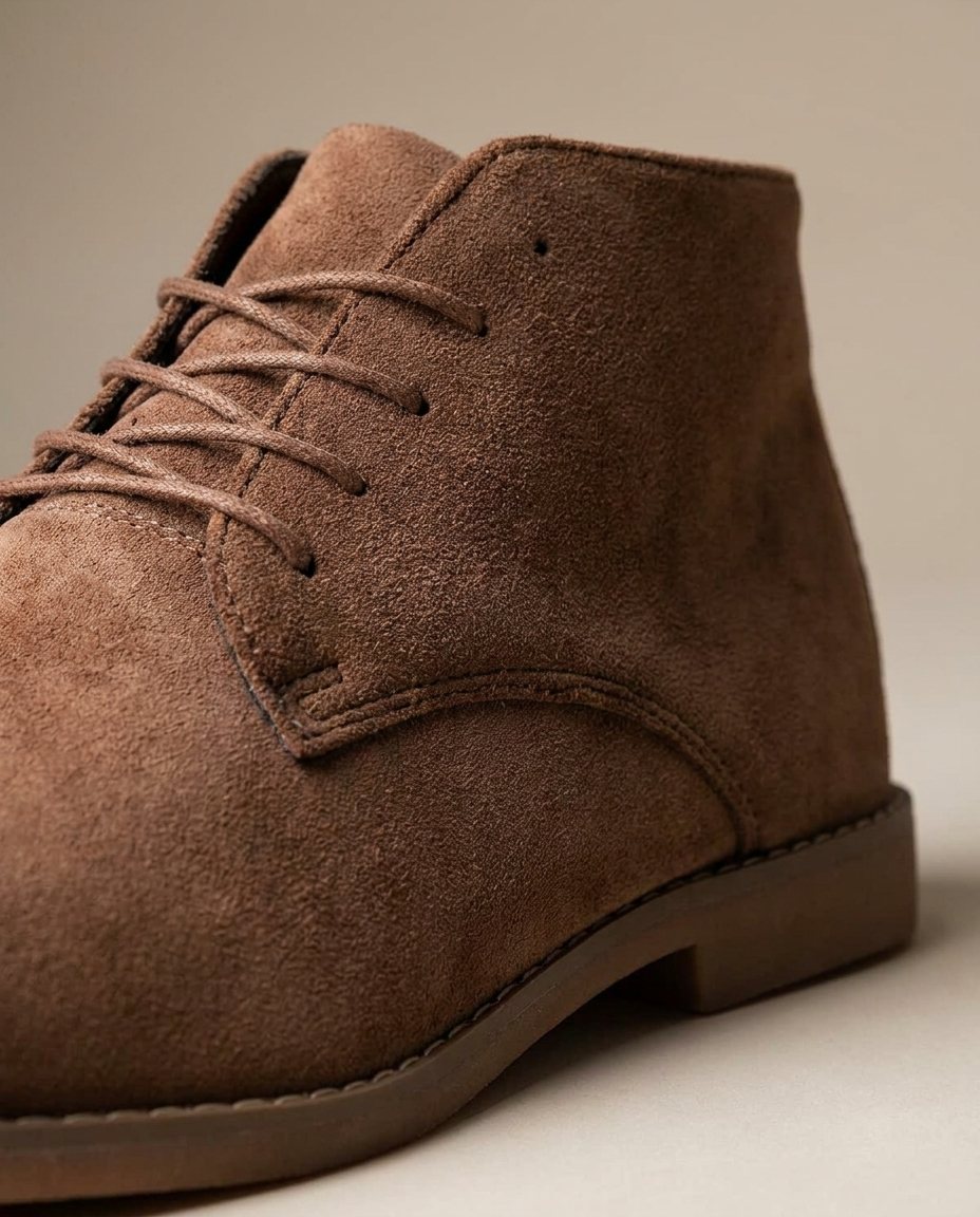 Rugged men's beige suede ankle boots, durable lace-up construction, ideal for classic style.