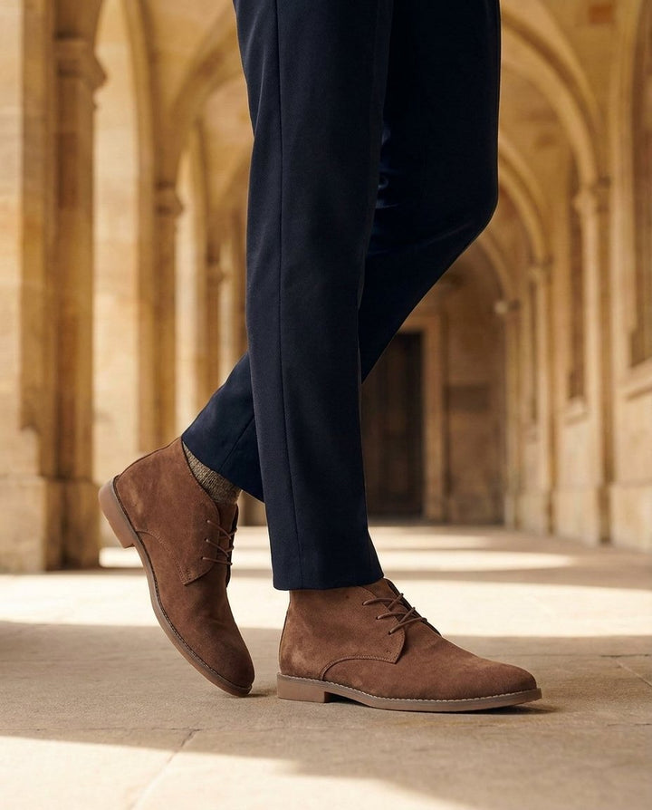 Premium men's suede ankle boots, classic lace-up design for durable and stylish fashion footwear.