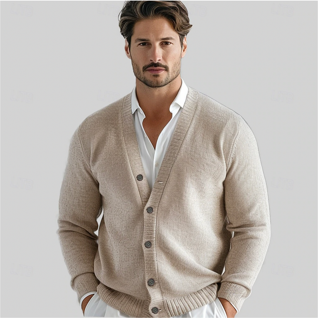 Men's classic button-up knit cardigan, perfect for smart casual occasions. Comfortable long-sleeve layering piece.