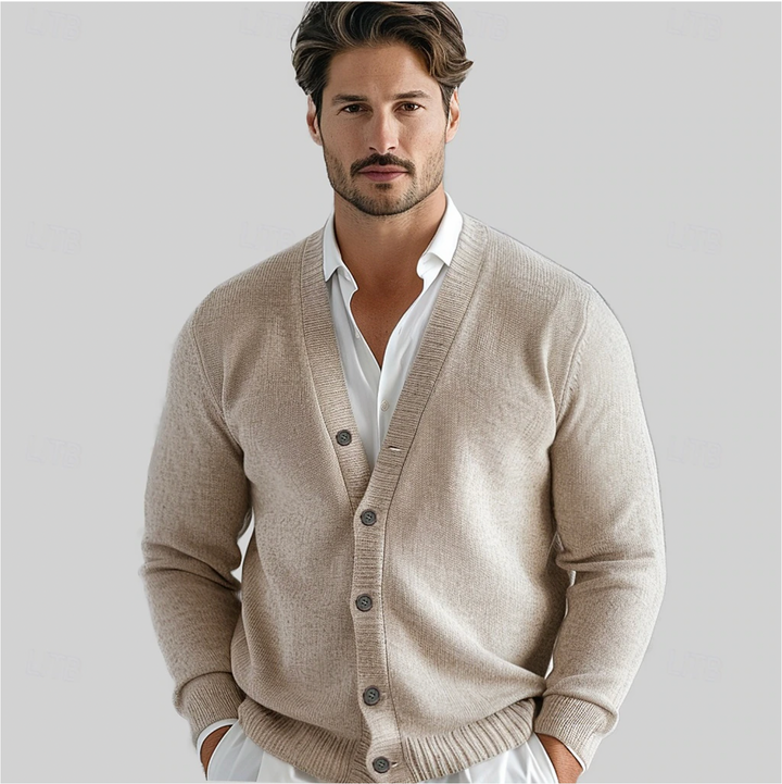 Men's classic button-up knit cardigan, perfect for smart casual occasions. Comfortable long-sleeve layering piece.