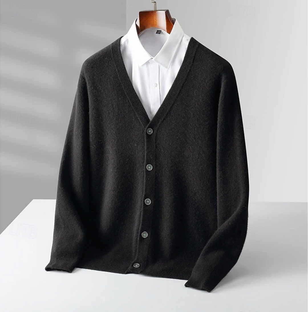 Versatile men's knit V-neck cardigan with buttons, ideal for fall fashion. A smart casual layering piece.