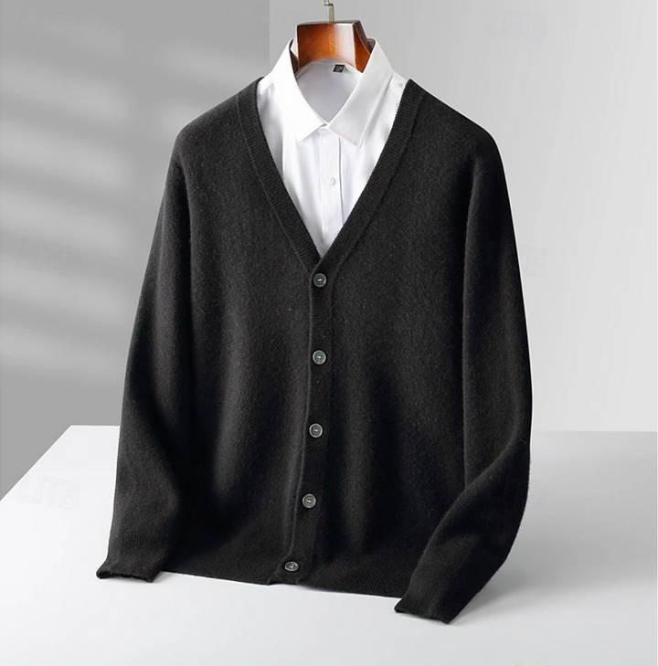 Versatile men's knit V-neck cardigan with buttons, ideal for fall fashion. A smart casual layering piece.