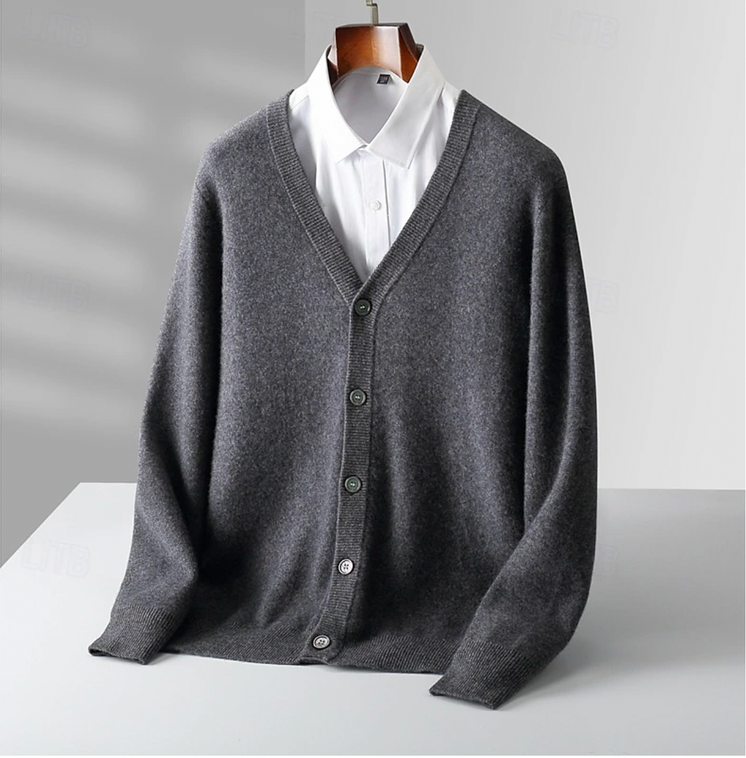 Smart casual men's button-up knit cardigan, an essential layering piece for everyday style and comfort.