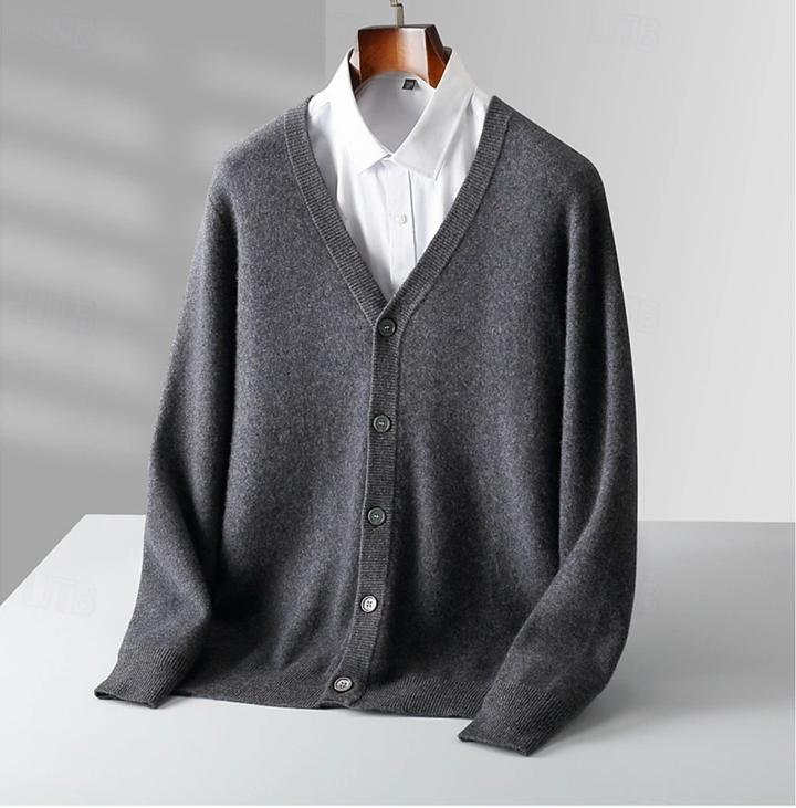 Smart casual men's button-up knit cardigan, an essential layering piece for everyday style and comfort.