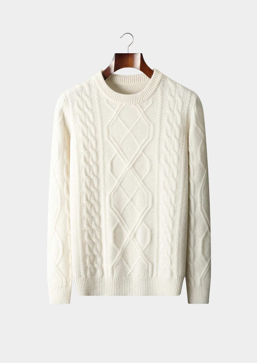 Men's classic cable knit crew neck sweater. Warm winter knitwear for smart casual and everyday style.