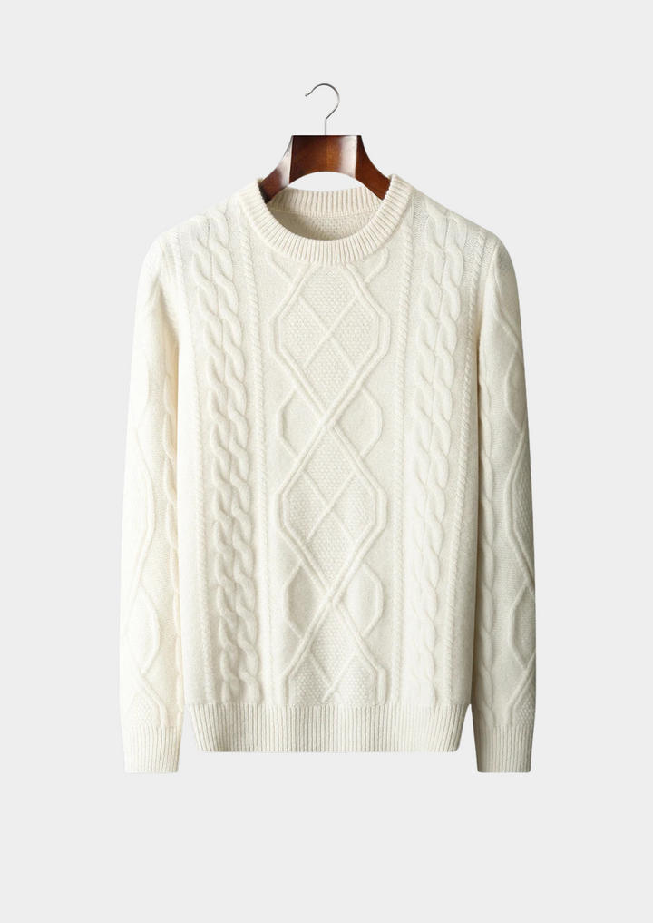 Men's classic cable knit crew neck sweater. Warm winter knitwear for smart casual and everyday style.