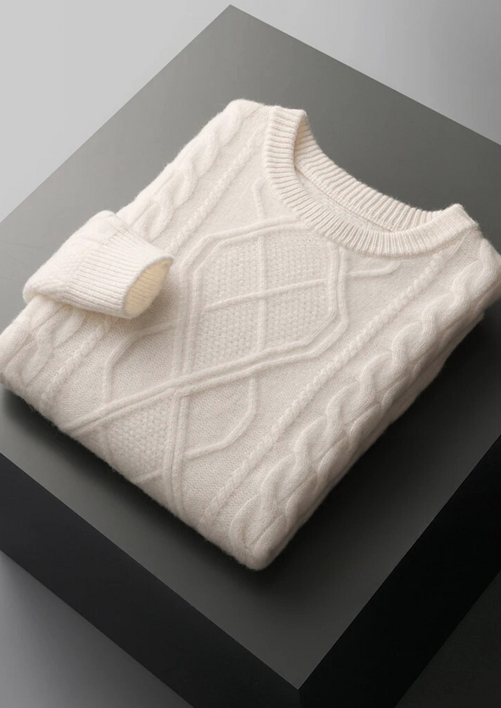 Stylish men's cable knit crew neck sweater. A warm, comfortable knit for classic winter fashion and layering.