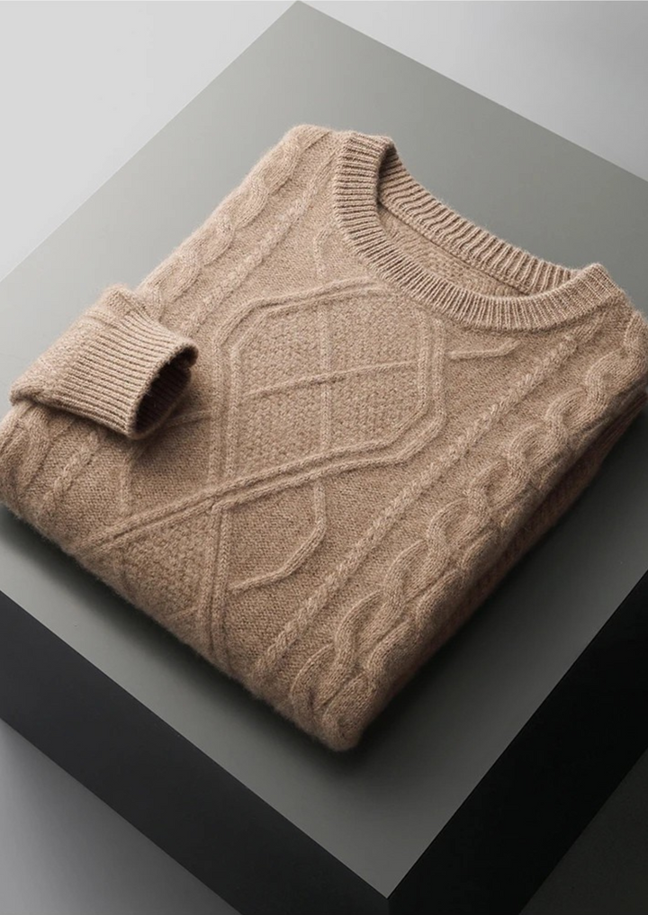 Warm men's cable knit crew neck sweater. Versatile for casual wear, smart casual outfits, and winter layering.