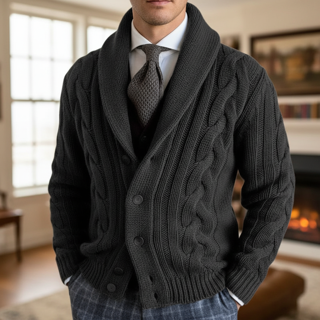 Men's classic cable knit vest in wool blend, front view, perfect for autumn layering