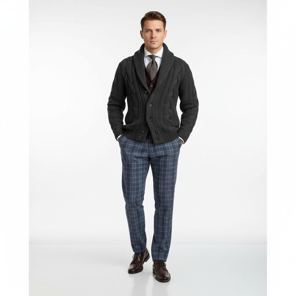 Close-up of men's cable knit vest texture, showing intricate knitted pattern and wool blend