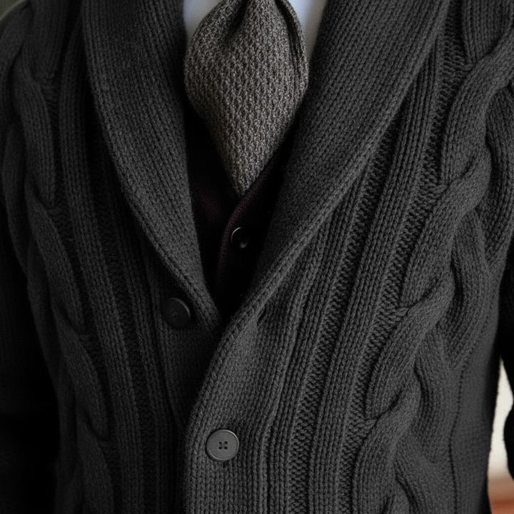 Stylish man wearing a classic cable knit vest over a shirt, ideal for winter fashion