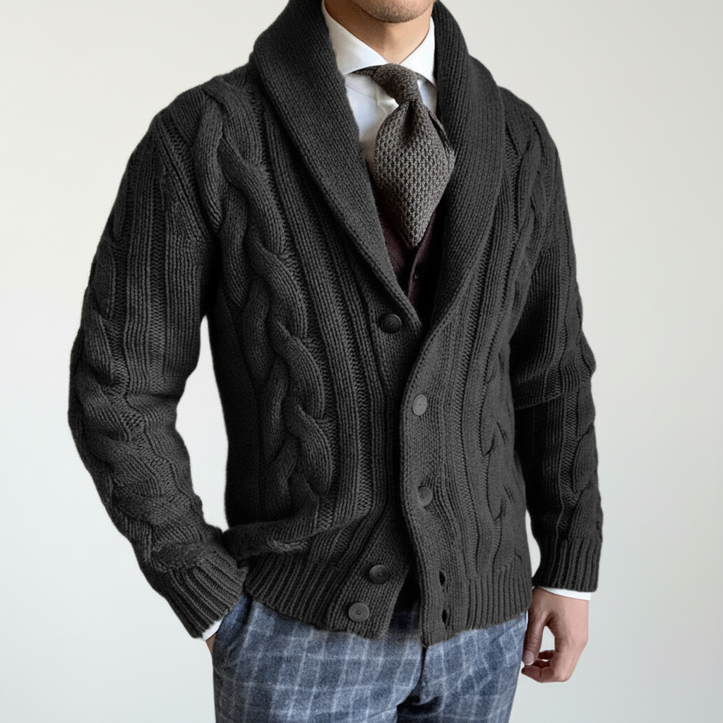 Rear view of men's wool blend cable knit vest, emphasizing its excellent craftsmanship
