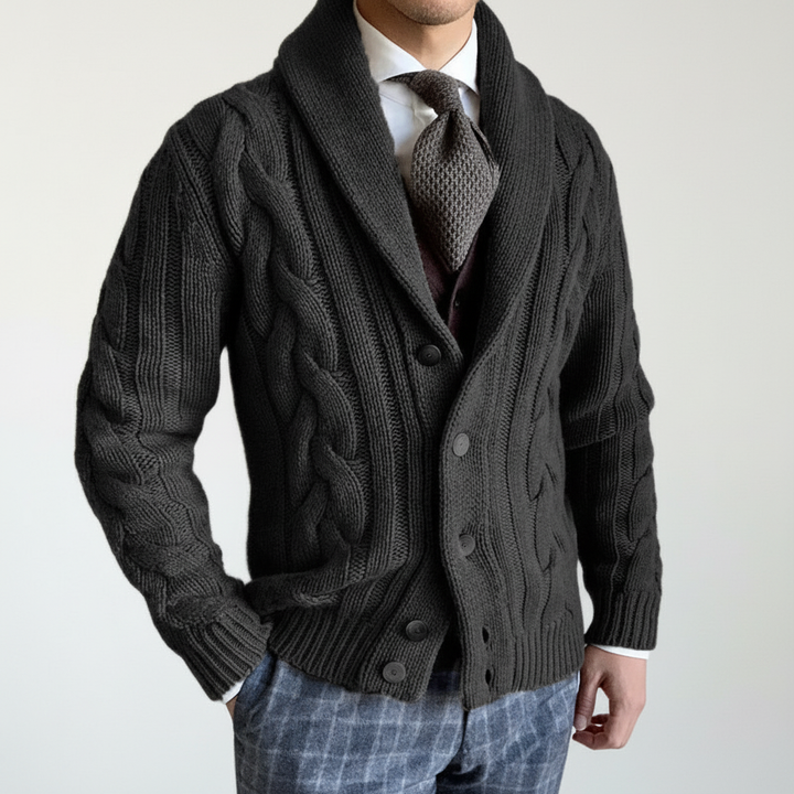 Rear view of men's wool blend cable knit vest, emphasizing its excellent craftsmanship
