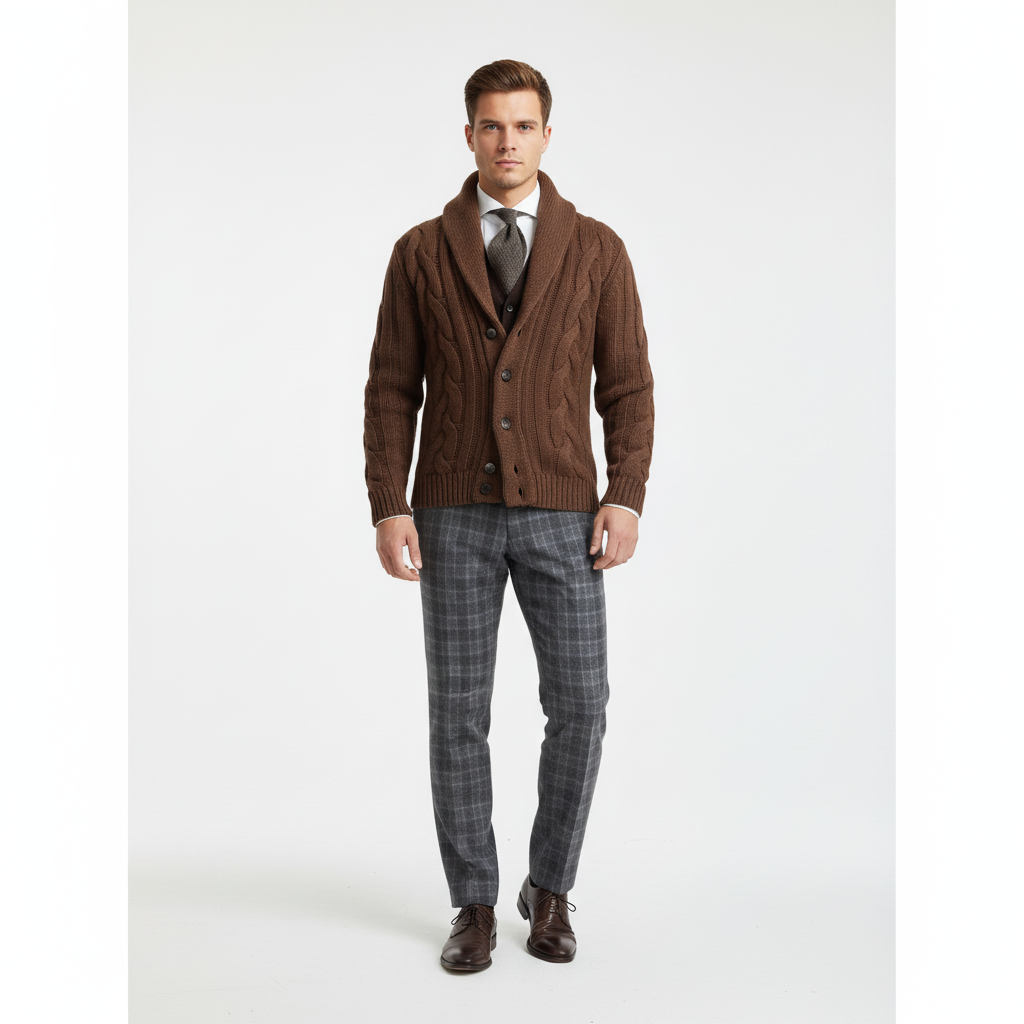 Detail of the ribbed hem and armholes on a classic men's cable knit vest, autumn wear