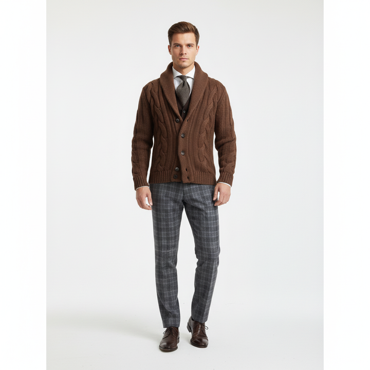 Detail of the ribbed hem and armholes on a classic men's cable knit vest, autumn wear