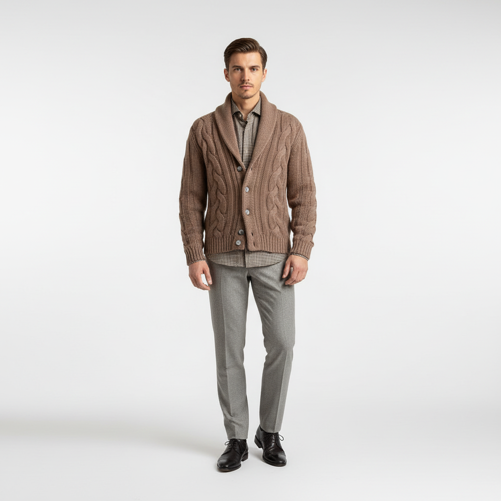 Men's cable knit vest laid flat, highlighting its timeless design and warm wool blend material