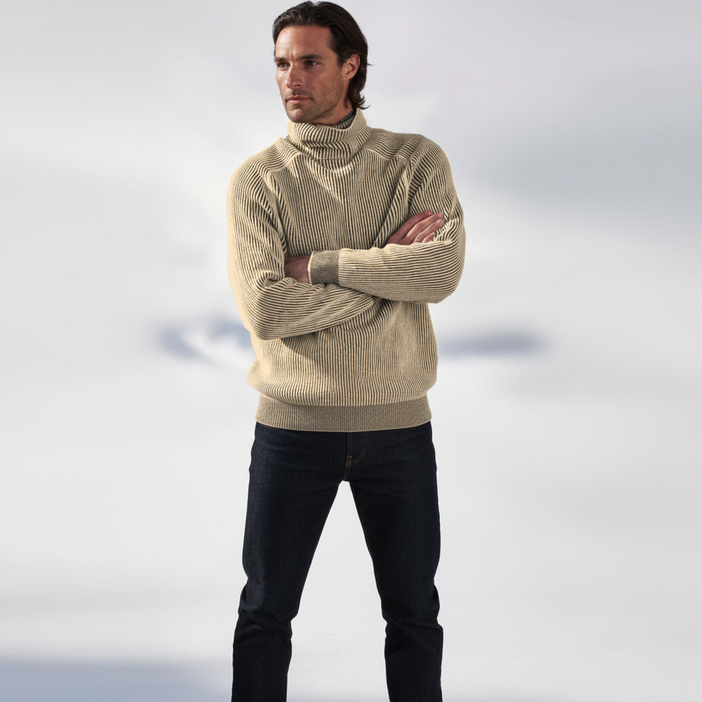 Close-up of ribbed texture on a men's cotton blend turtleneck sweater in a dark color, warm knitwear