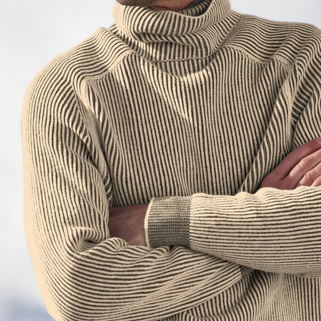 Stylish man wearing a classic ribbed knit men's turtleneck sweater with a casual yet elegant look
