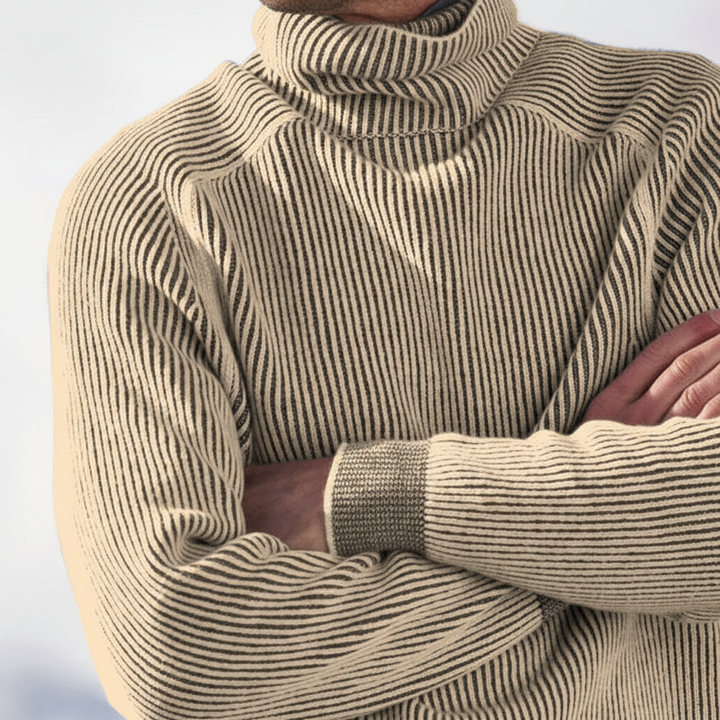 Stylish man wearing a classic ribbed knit men's turtleneck sweater with a casual yet elegant look