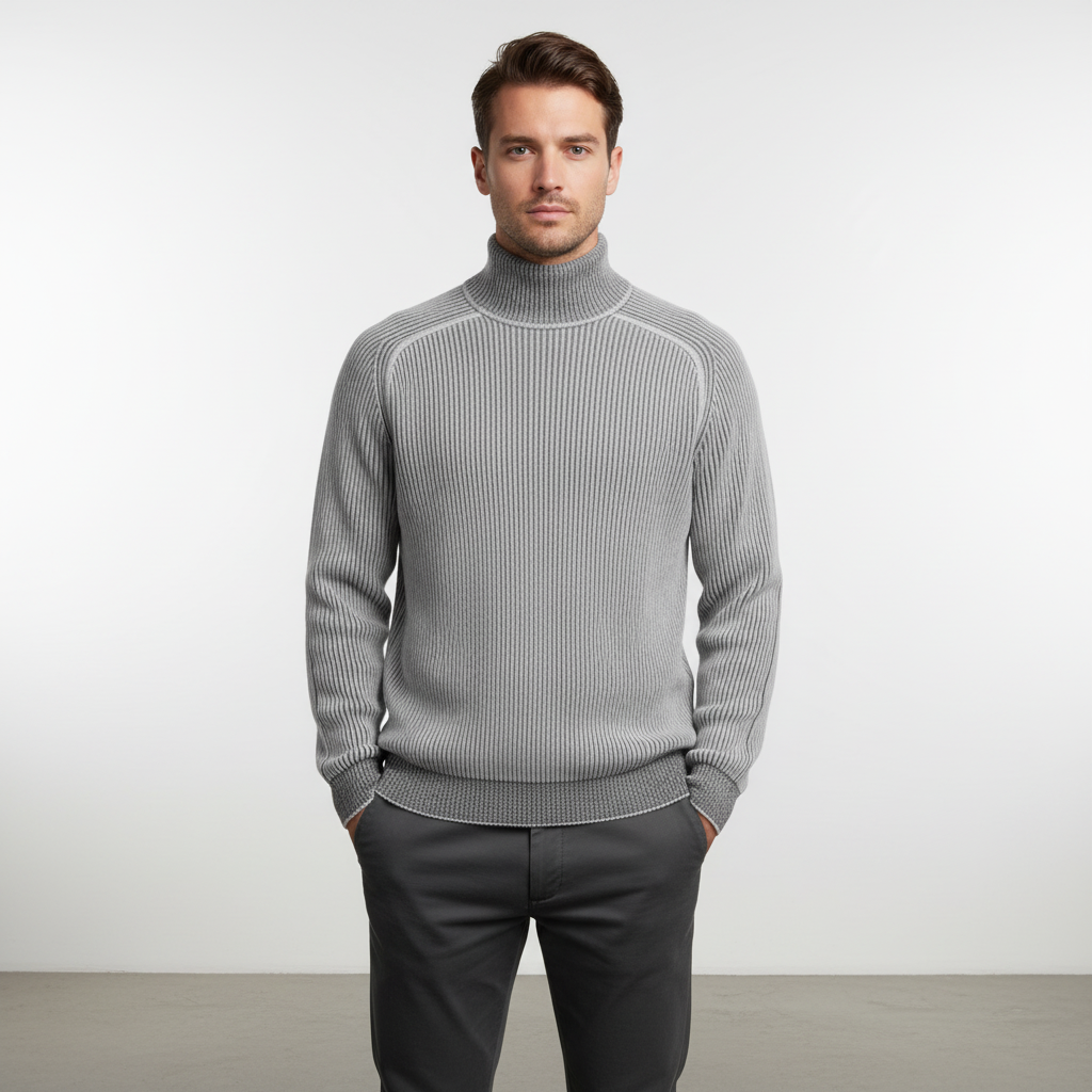 Men's rollneck sweater in a neutral tone, showcasing the comfortable fit and ribbed collar ideal for winter