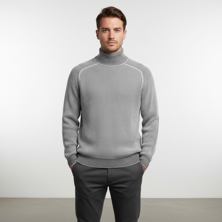 Men's rollneck sweater in a neutral tone, showcasing the comfortable fit and ribbed collar ideal for winter