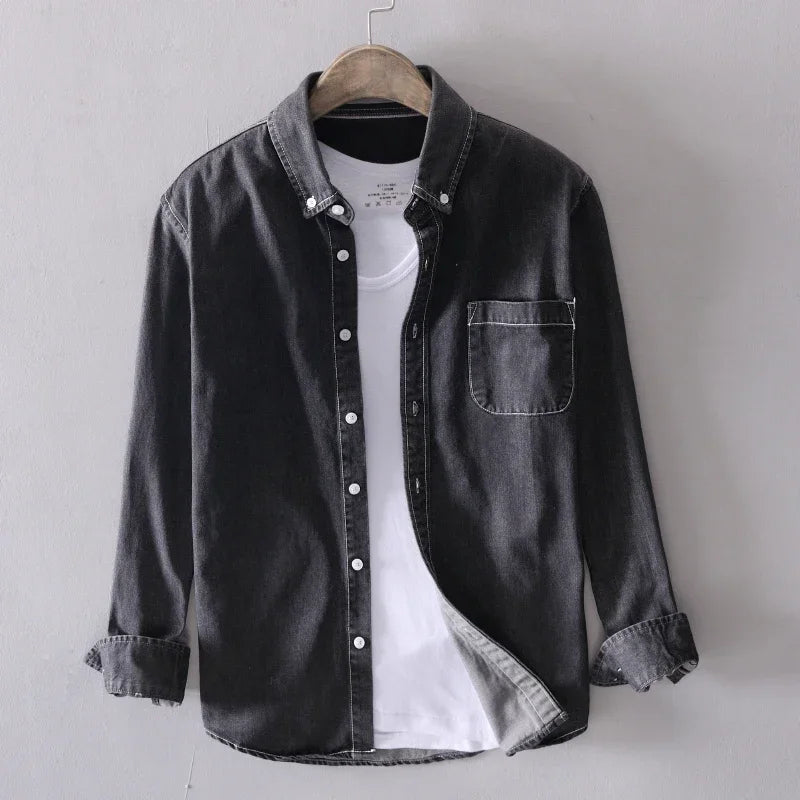 Rugged men's long sleeve button-down shirt, a versatile casual top for layering & classic fashion.