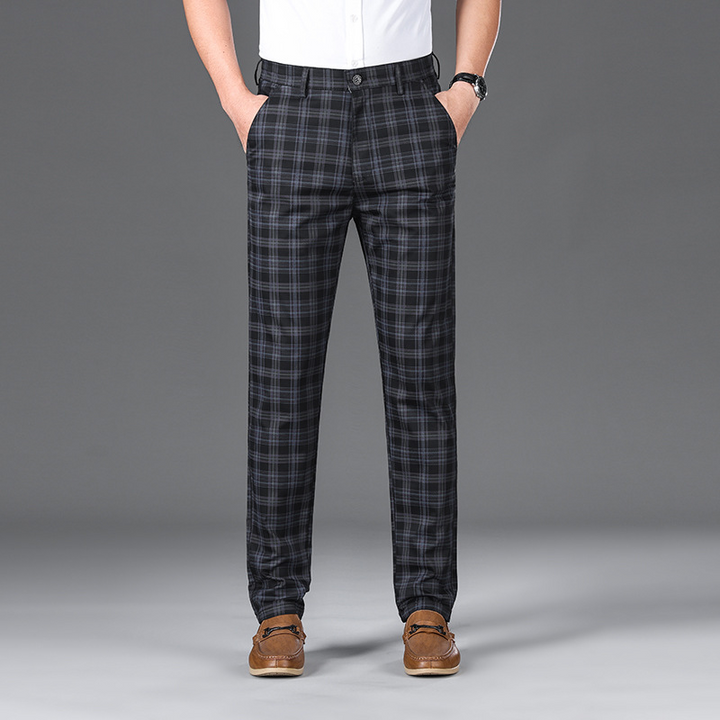 Men's classic check trousers, comfortable cotton blend, ideal for smart casual or formal men's fashion.