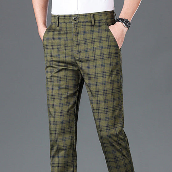 Full length view of men's classic check trousers, elegant plaid pattern for modern smart casual or formal wear.