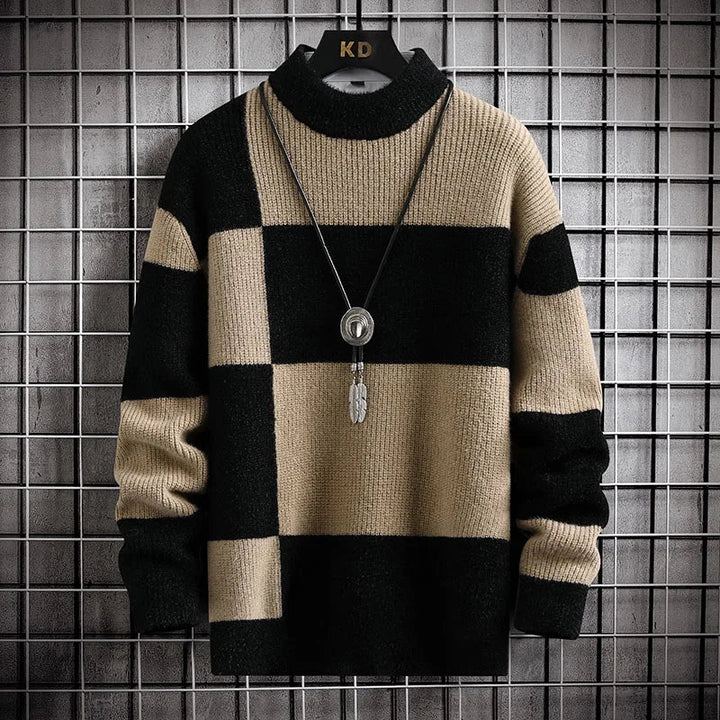 Men's classic checkered sweater with block pattern. Relaxed fit, perfect for stylish fall & winter casual wear.