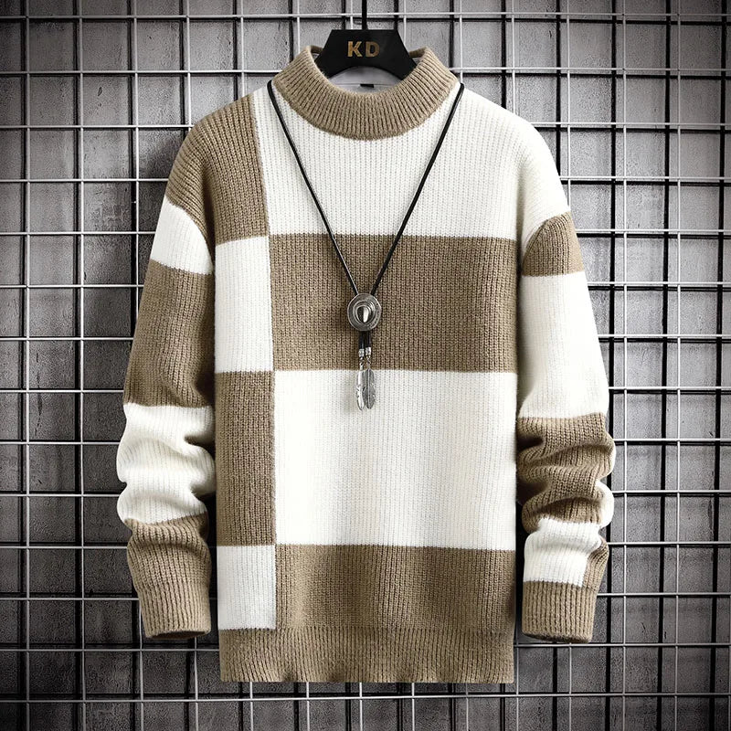 Stylish men's checkered block pattern sweater in neutral tones. Ideal for timeless fall fashion & comfortable winter outfits.