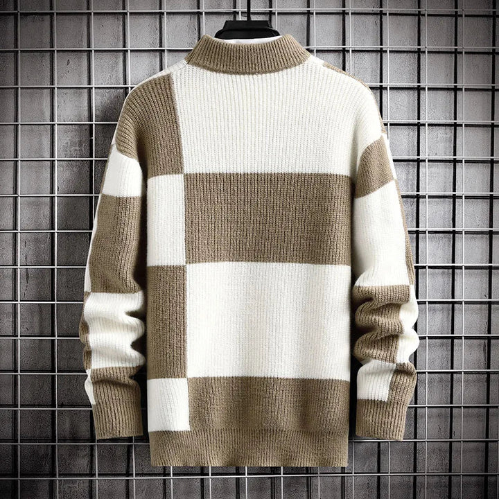 Relaxed fit men's checkered sweater, classic block pattern. A versatile and cozy turtleneck for smart casual fall & winter.