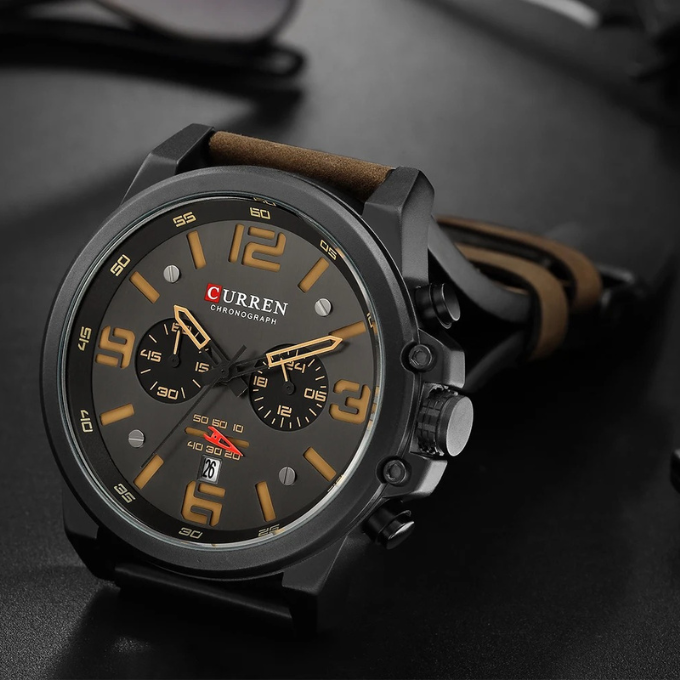 Durable Men's Chronograph Watch, "The Hudson," featuring a premium leather band for everyday wear.