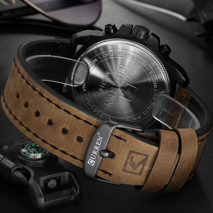 Overhead shot: The Hudson Men's Chronograph, a timeless accessory with a stainless steel case & leather strap.