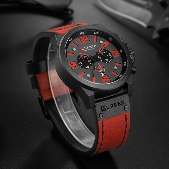 Side view of Men's Classic Chronograph Watch "The Hudson," highlighting its sleek profile and crown.