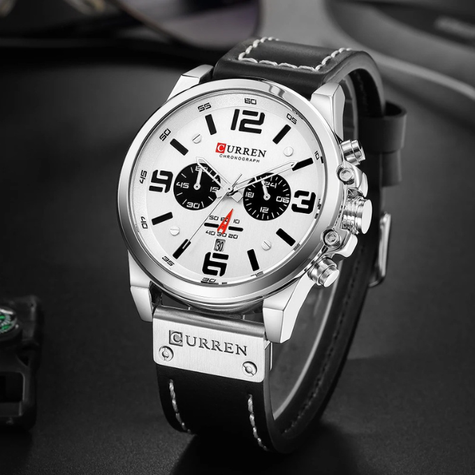 Timeless Men's Accessory: The Hudson Chronograph Watch, a durable stainless steel watch with leather band.