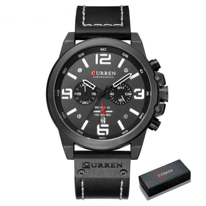 Precision Men's Watch "The Hudson," a durable chronograph with a dark brown leather band & stainless accents.