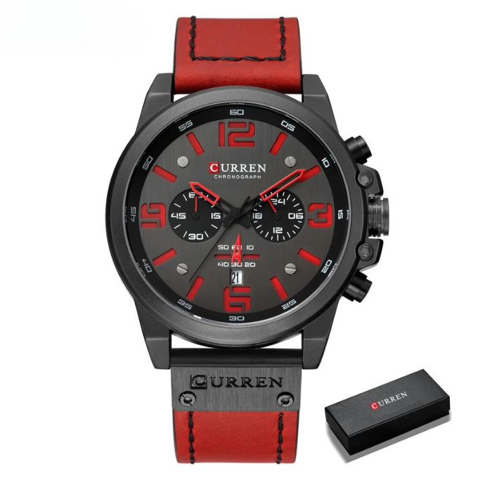 Durable Men's Classic Chronograph Watch "The Hudson" with a stainless steel case and genuine leather strap.