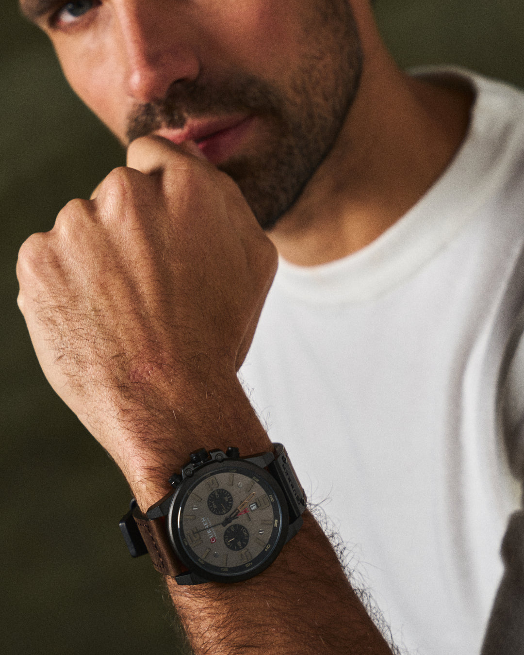 Elegant Men's Chronograph Watch, The Hudson, with black leather strap, perfect for a classic accessory.