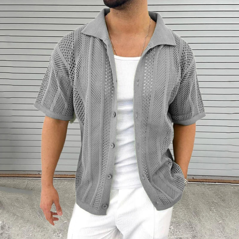 Short sleeve knit shirt for men, classic collar, smart casual summer style, effortless look.