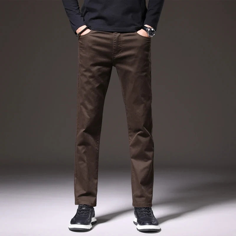 Navy blue men's cotton chinos, comfortable classic fit trousers ideal for versatile casual wear.
