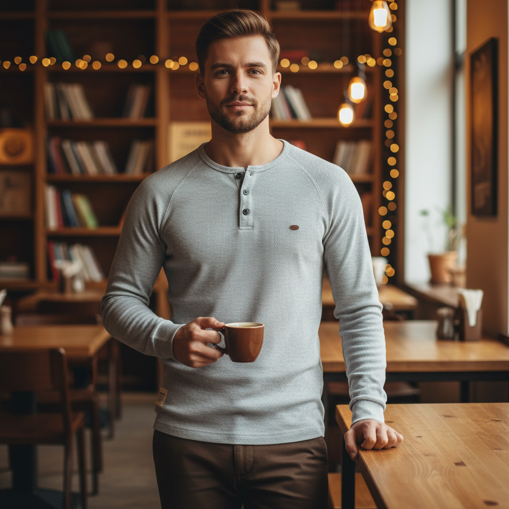 Men's classic cotton-poly long sleeve button-up shirt in blue, front view, casual style, breathable.