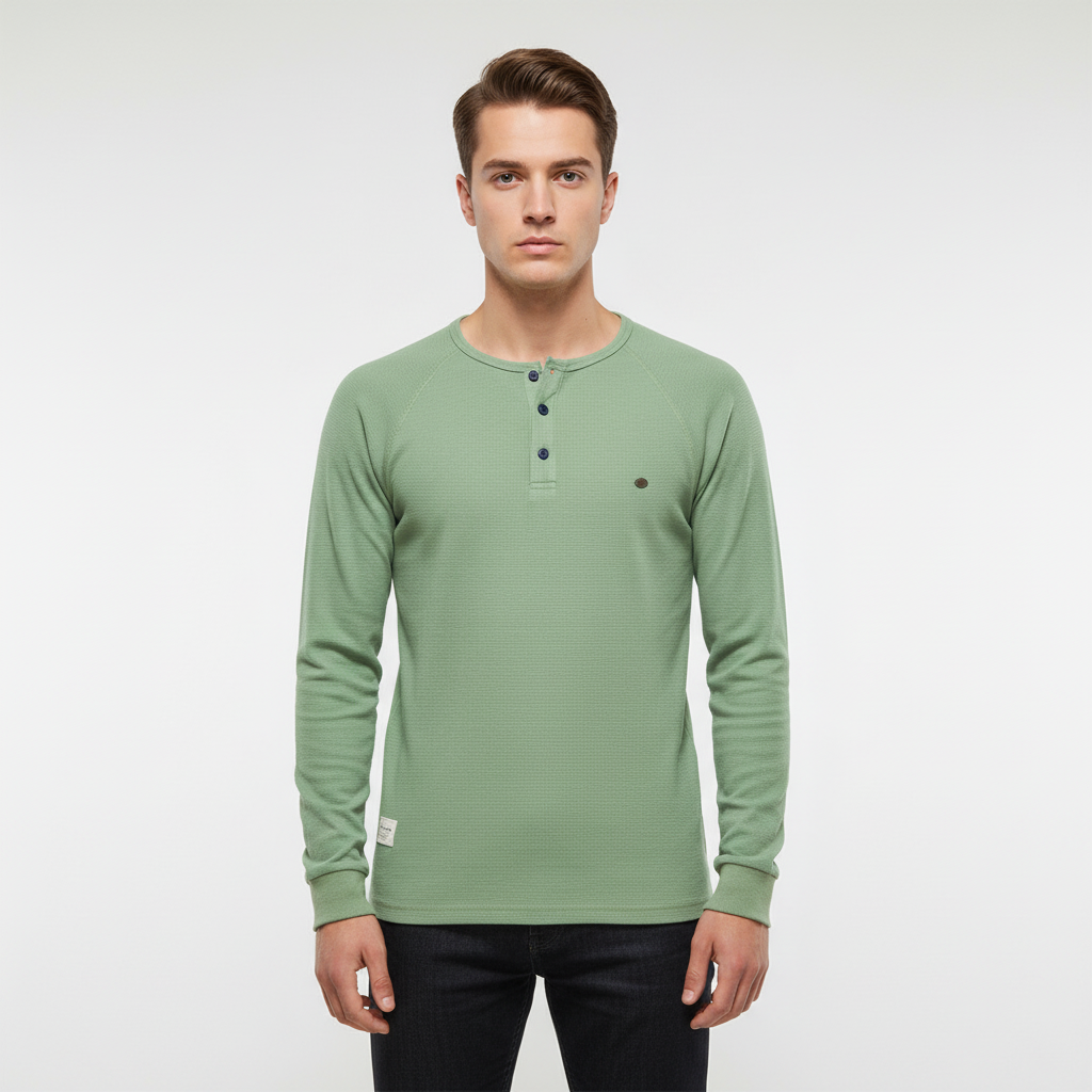 Studio shot of a men's classic cotton-poly long sleeve button-up shirt, side view, ideal for winter.