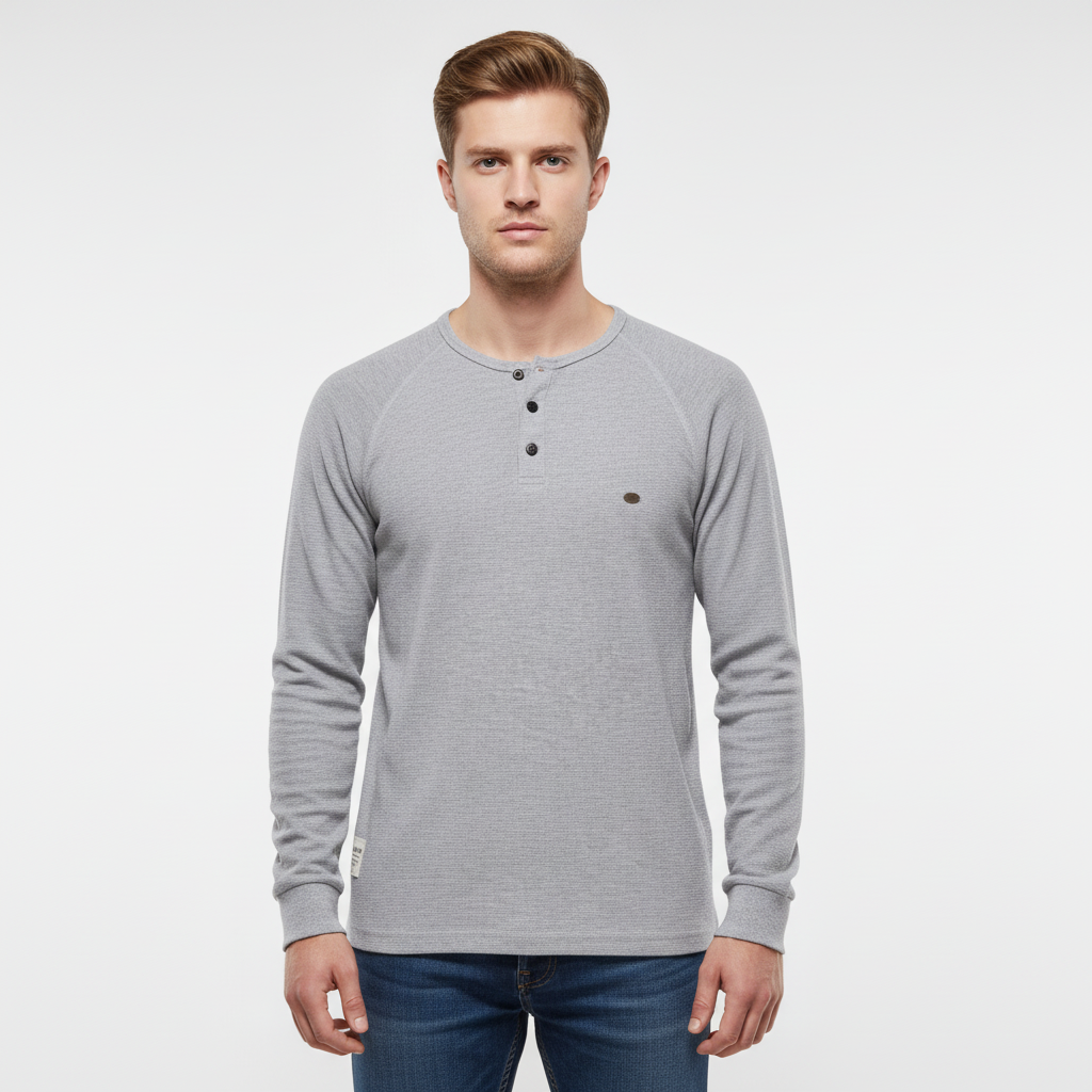 Theo men's versatile cotton blend long sleeve shirt, grey, suitable for autumn and winter, front view.