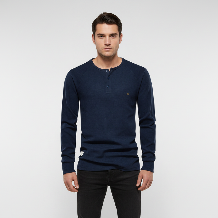 Rear view of a men's classic long sleeve cotton blend shirt in black, versatile and comfortable.
